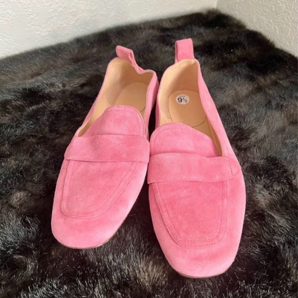J crew pink leather Calf suede minimal tan loafers shoes 9.5-